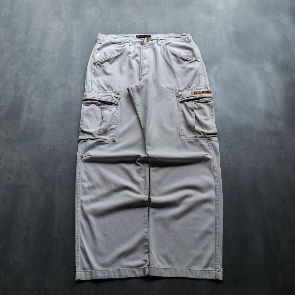 Vintage Polo Jeans Co Ralph Lauren Freight Cargo Pants Cream 31x32 Y2K Baggy